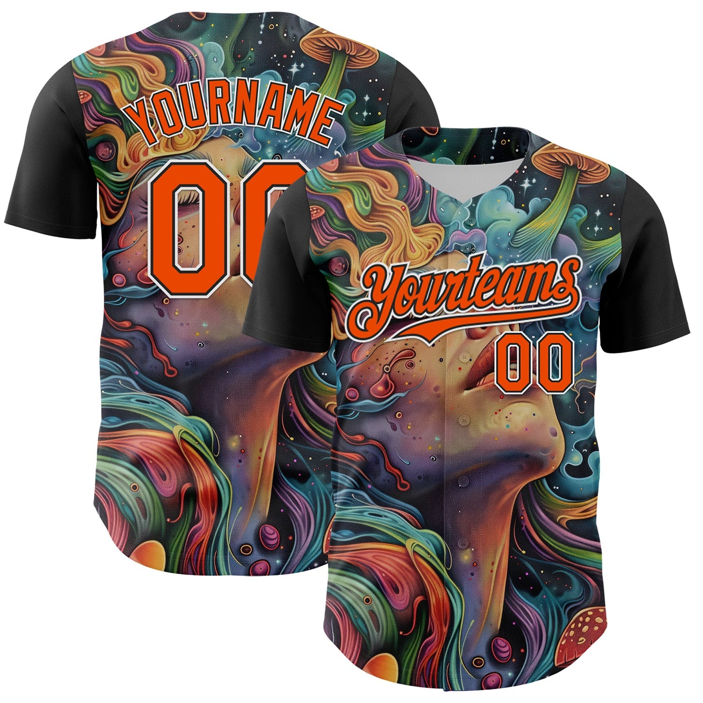 Custom Green Orange Black-White 3D Pattern Design Rave Party Trippy Magic Mushroom Authentic Baseball Jersey - Main View