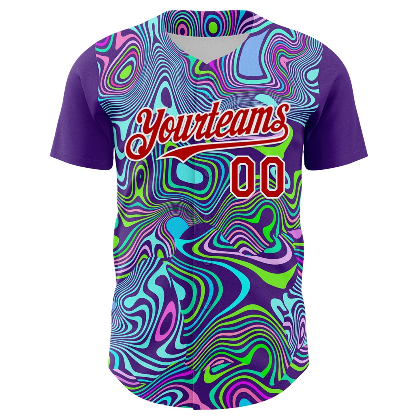 Custom Purple Red-White 3D Pattern Design Rave Party Trippy Laser Fluid Authentic Baseball Jersey view 2