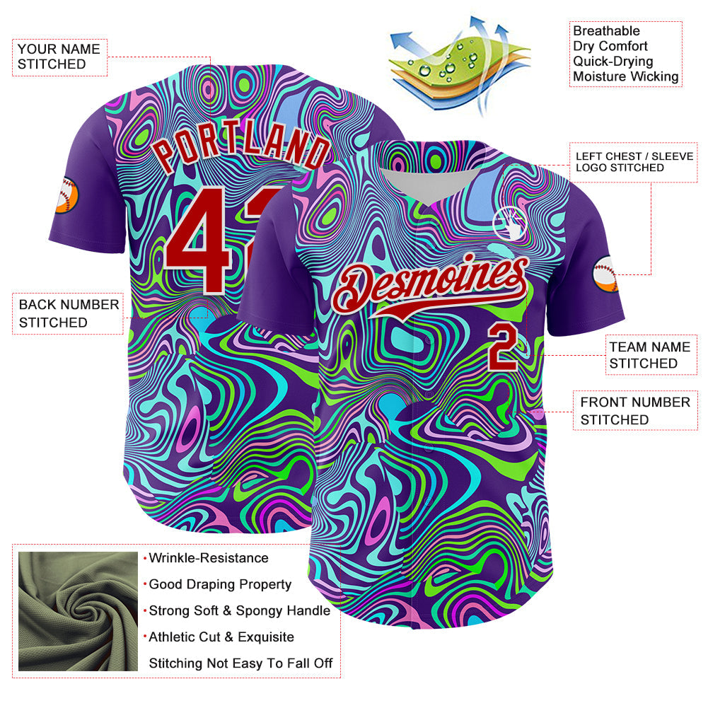 Custom Purple Red-White 3D Pattern Design Rave Party Trippy Laser Fluid Authentic Baseball Jersey view 3