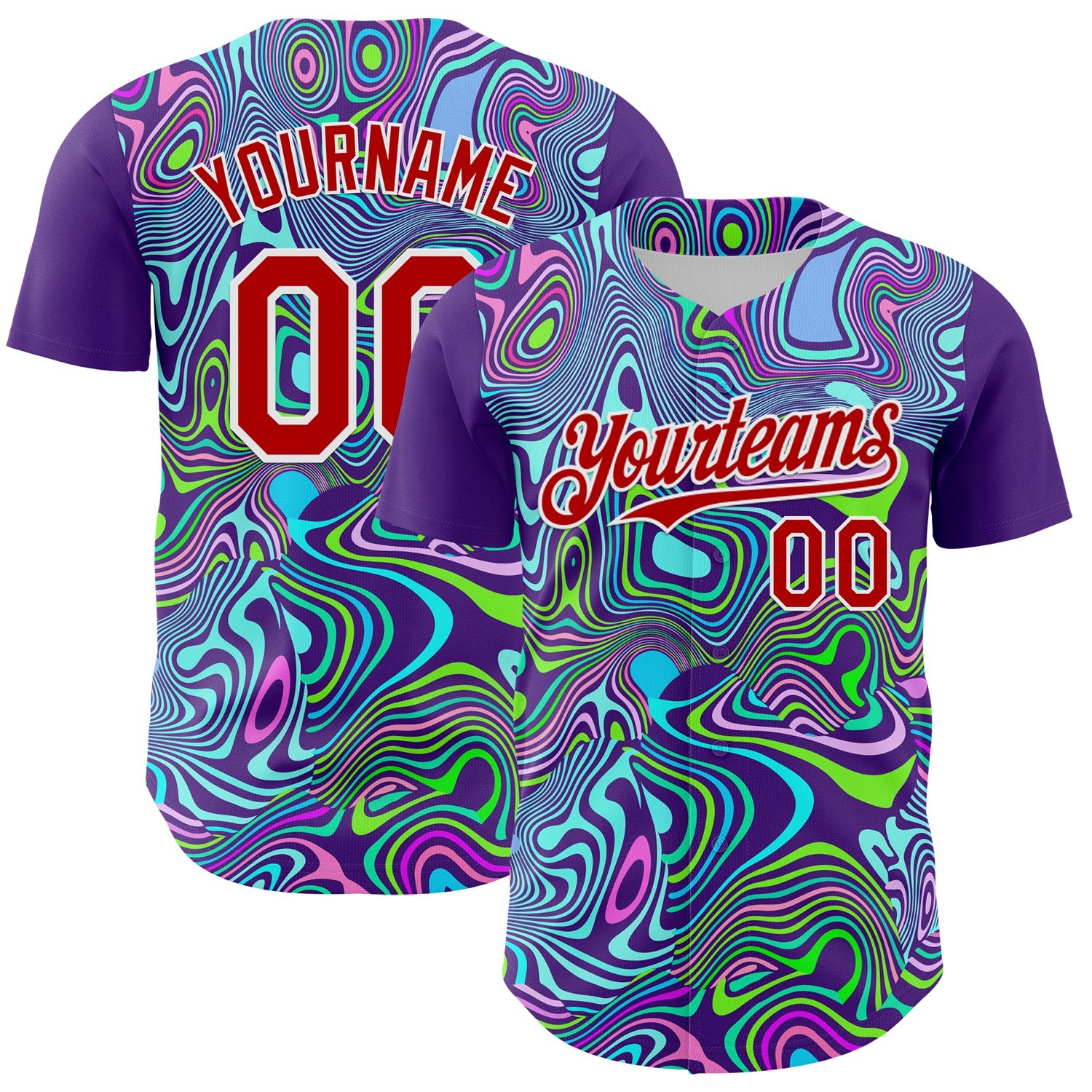 Custom Purple Red-White 3D Pattern Design Rave Party Trippy Laser Fluid Authentic Baseball Jersey - Main View
