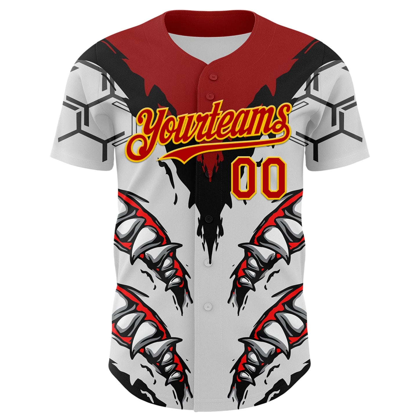Custom White Red-Yellow 3D Pattern Design Burner Costumes Shark Teeth Authentic Baseball Jersey view 2