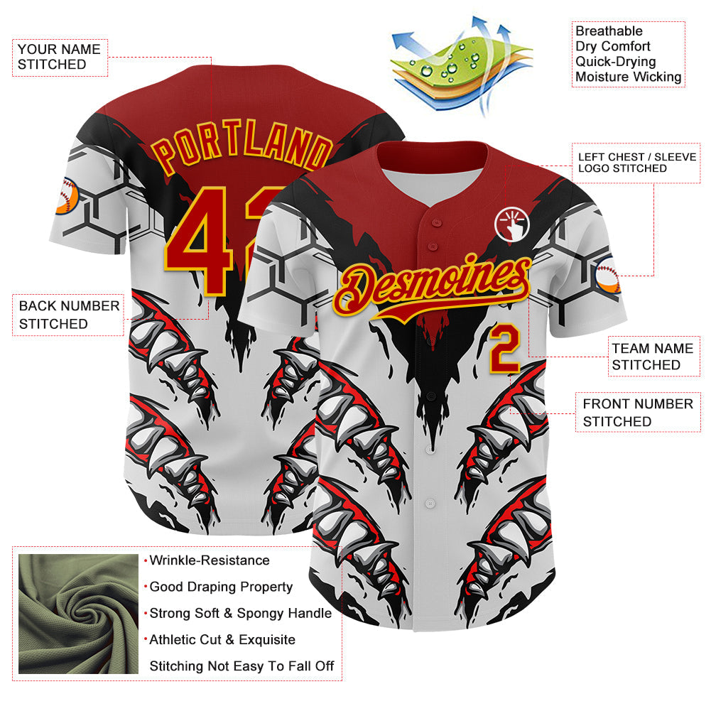 Custom White Red-Yellow 3D Pattern Design Burner Costumes Shark Teeth Authentic Baseball Jersey view 3