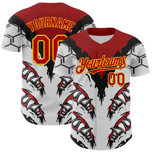 Custom White Red-Yellow 3D Pattern Design Burner Costumes Shark Teeth Authentic Baseball Jersey - Main View
