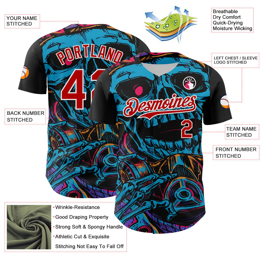 Custom Black Red-White 3D Pattern Design Burner Costumes Horror Skull Authentic Baseball Jersey view 3