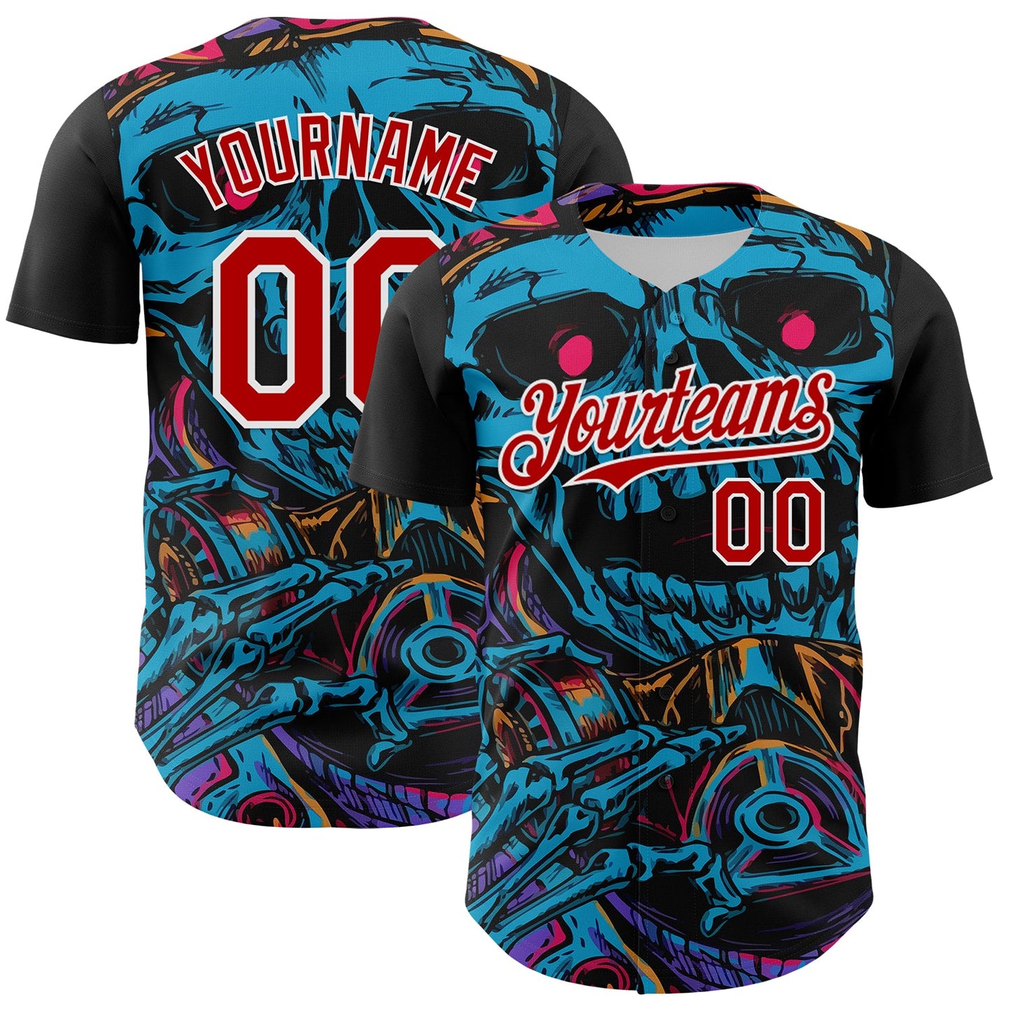 Custom Black Red-White 3D Pattern Design Burner Costumes Horror Skull Authentic Baseball Jersey - Main View
