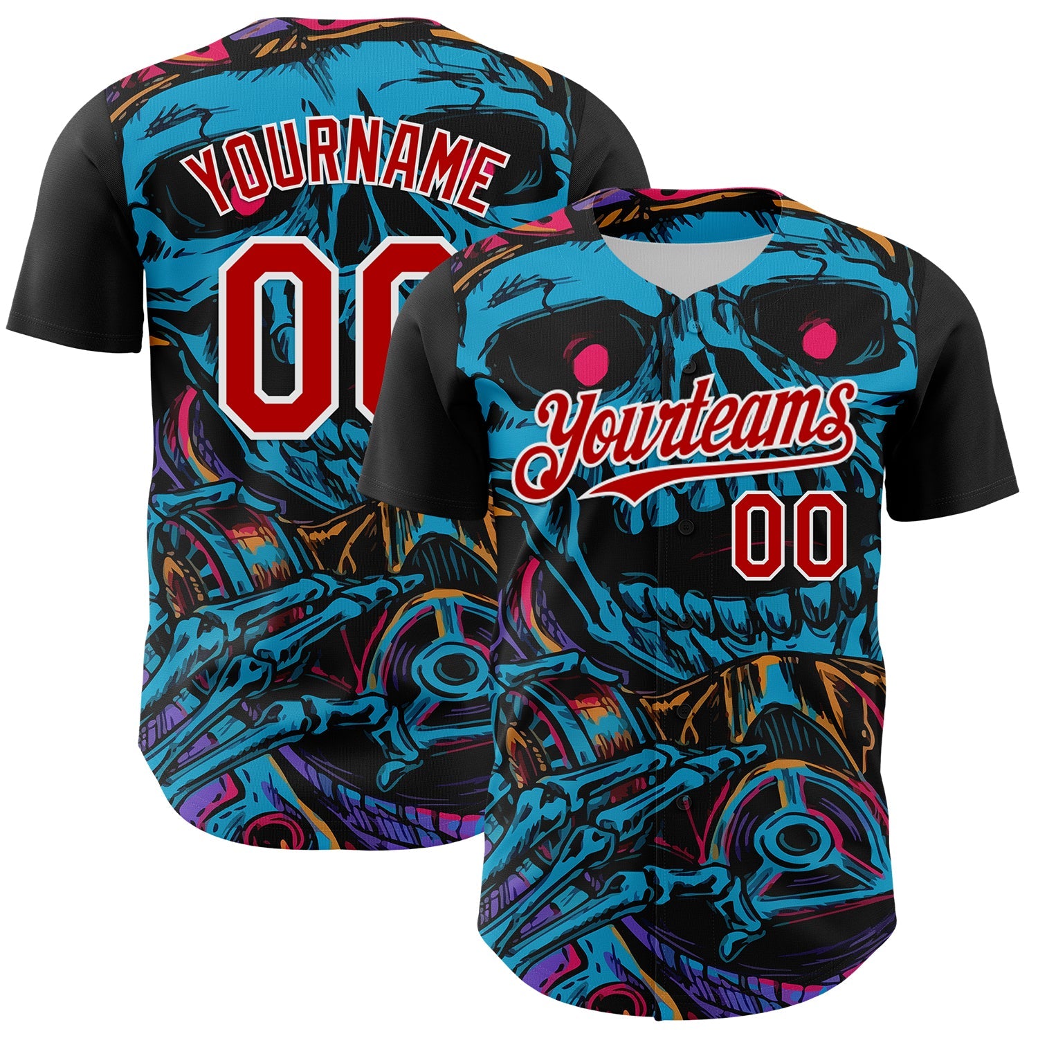 Custom Black Red-White 3D Pattern Design Burner Costumes Horror Skull Authentic Baseball Jersey - Main View