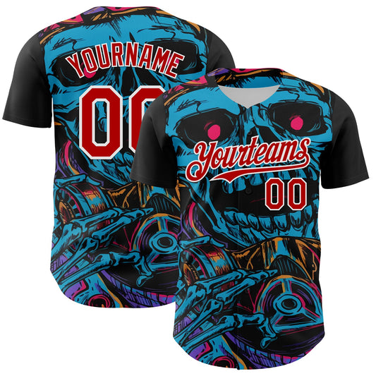Custom Black Red-White 3D Pattern Design Burner Costumes Horror Skull Authentic Baseball Jersey - Main View