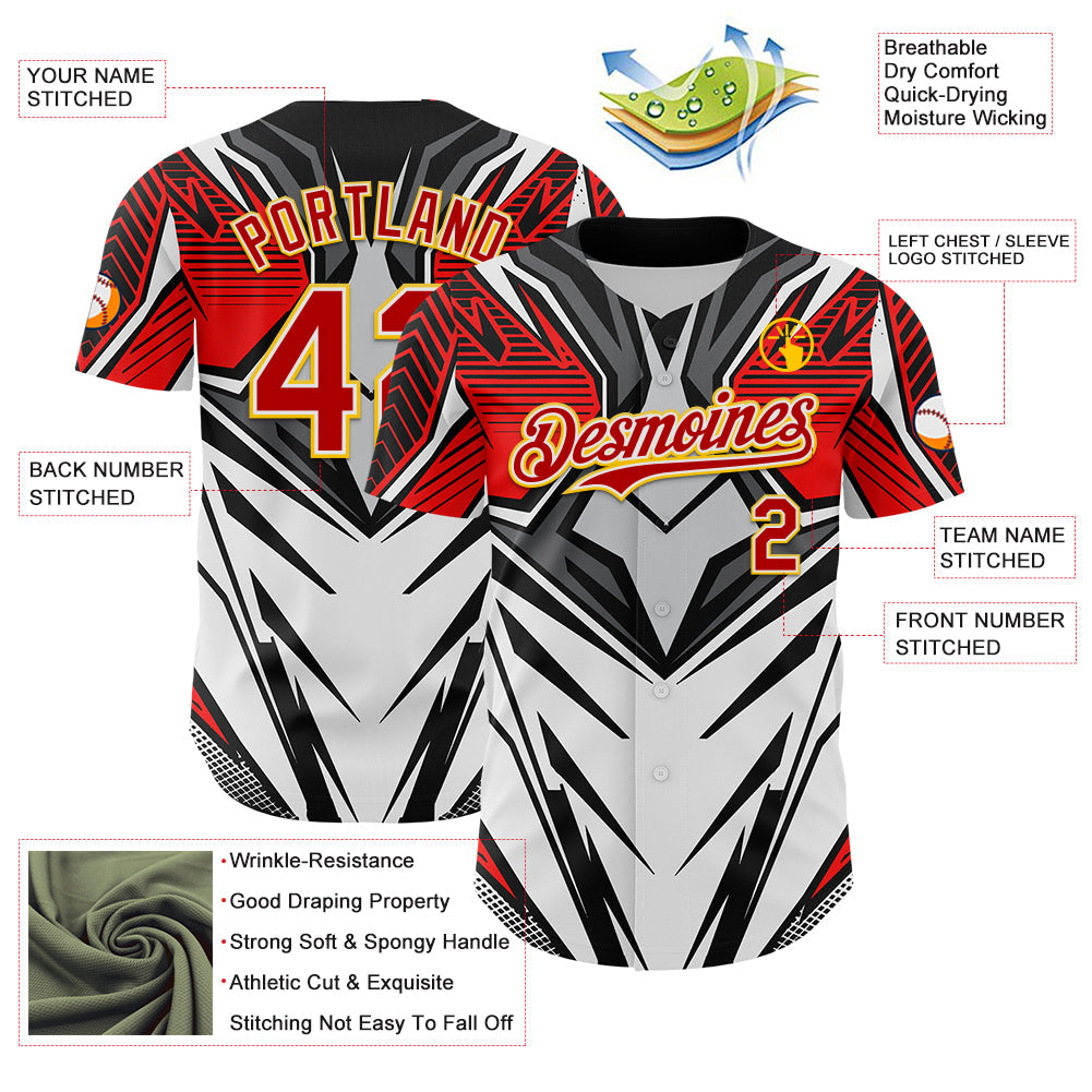 Custom White Red Black-Yellow 3D Pattern Design Burner Costumes Cyber Punk Authentic Baseball Jersey view 3