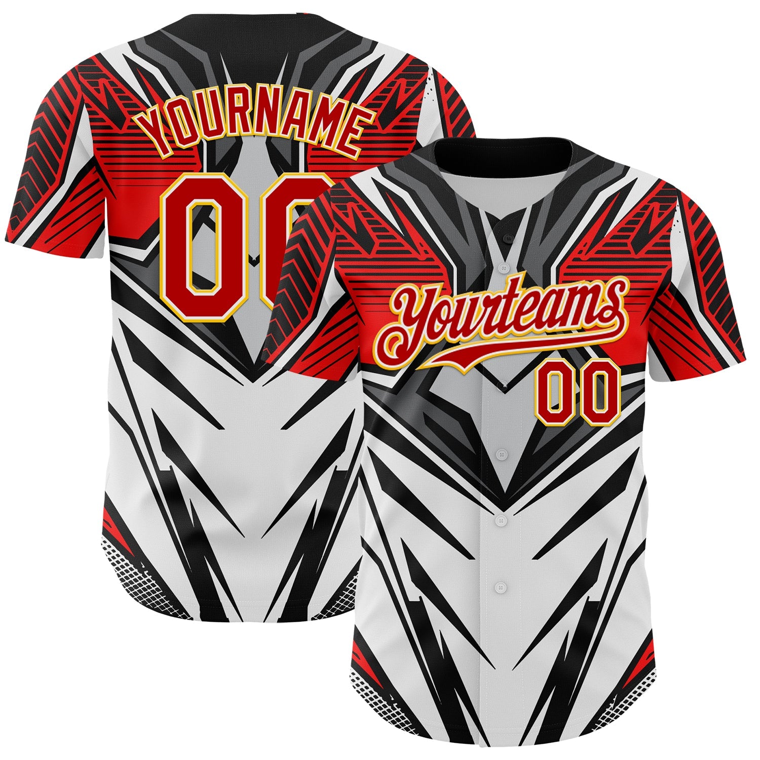 Custom White Red Black-Yellow 3D Pattern Design Burner Costumes Cyber Punk Authentic Baseball Jersey - Main View