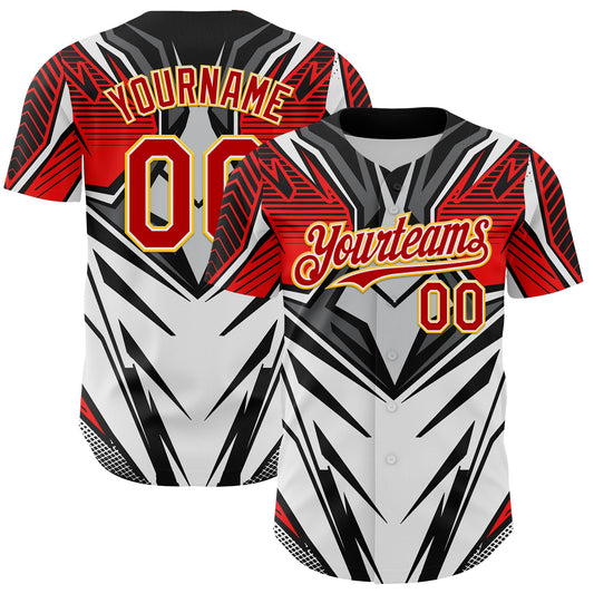 Custom White Red Black-Yellow 3D Pattern Design Burner Costumes Cyber Punk Authentic Baseball Jersey - Main View
