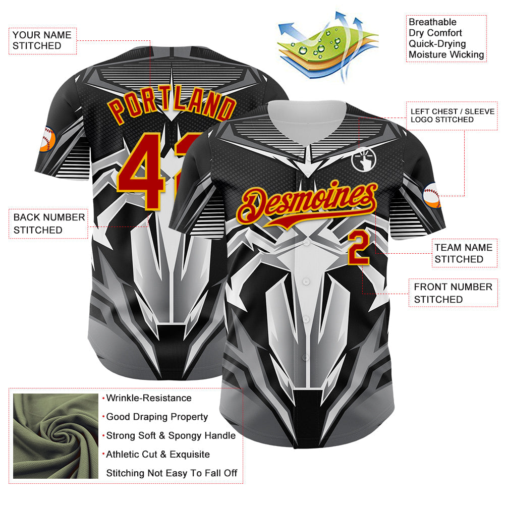 Custom Black Red-Yellow 3D Pattern Design Burner Costumes Mecha Authentic Baseball Jersey view 3