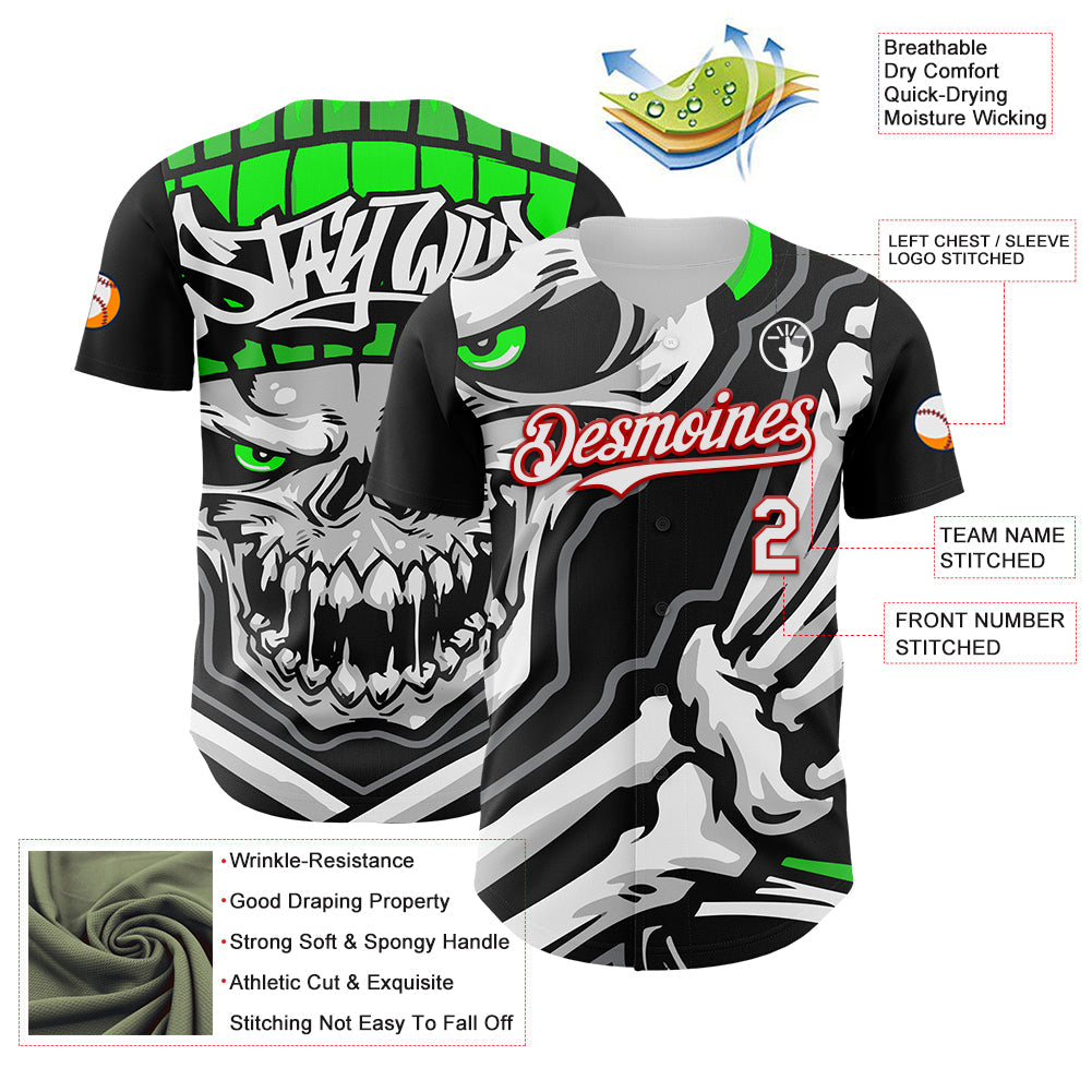Custom Black White-Red 3D Pattern Design Burner Costumes Skull Authentic Baseball Jersey view 3