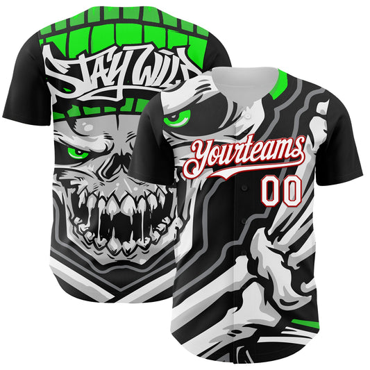 Custom Black White-Red 3D Pattern Design Burner Costumes Skull Authentic Baseball Jersey - Main View