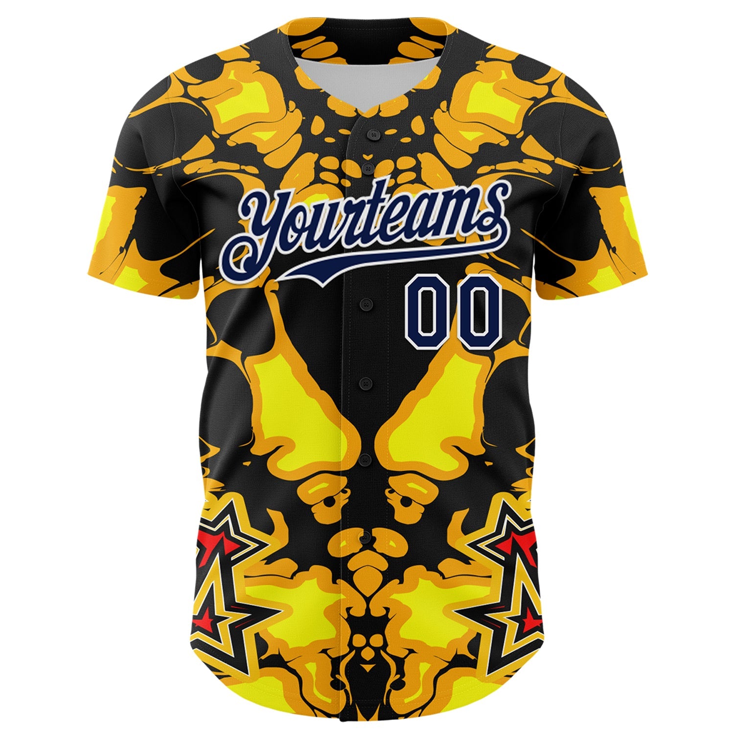 Custom Black Navy Yellow-White 3D Pattern Design Burner Costumes Flame Authentic Baseball Jersey view 2
