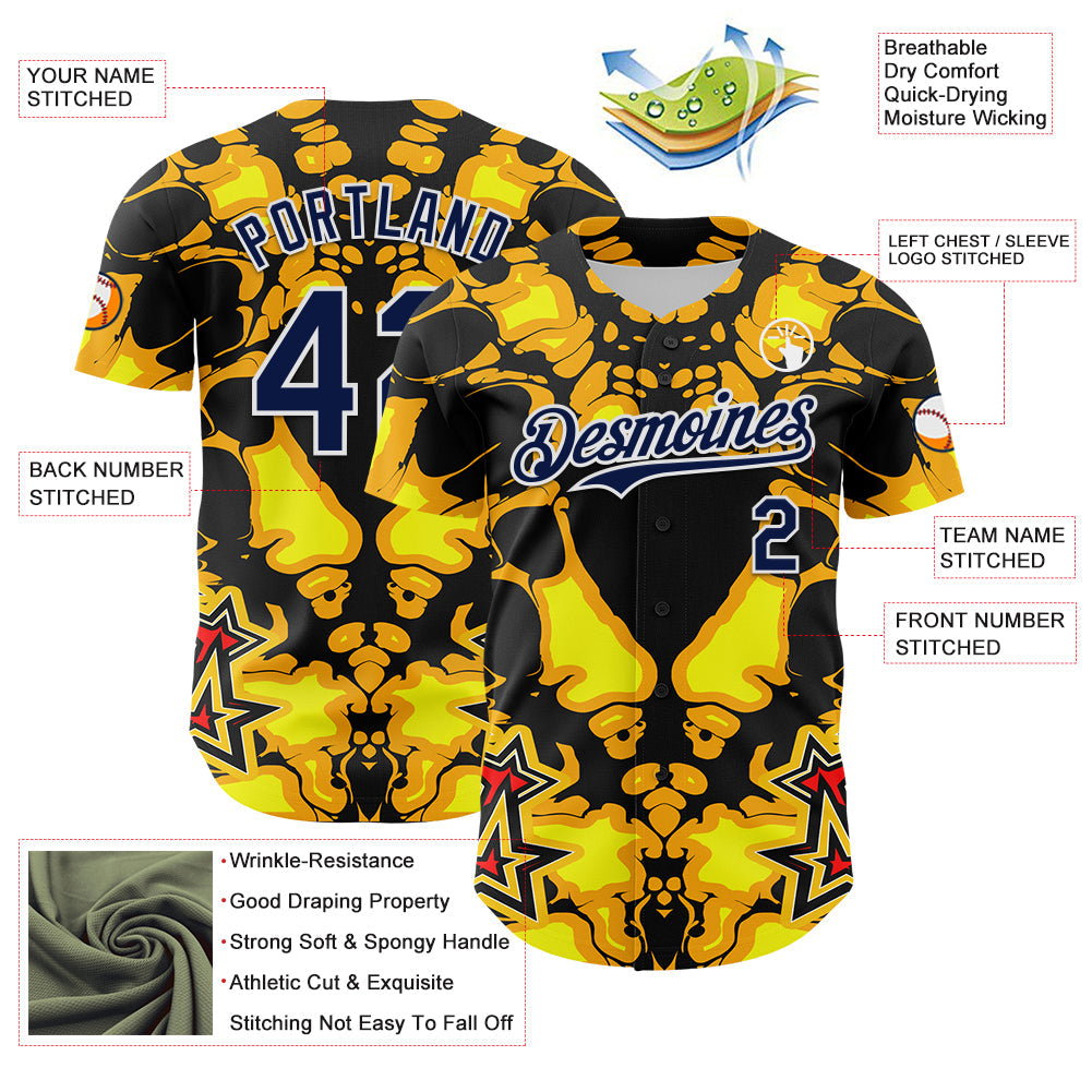 Custom Black Navy Yellow-White 3D Pattern Design Burner Costumes Flame Authentic Baseball Jersey view 3