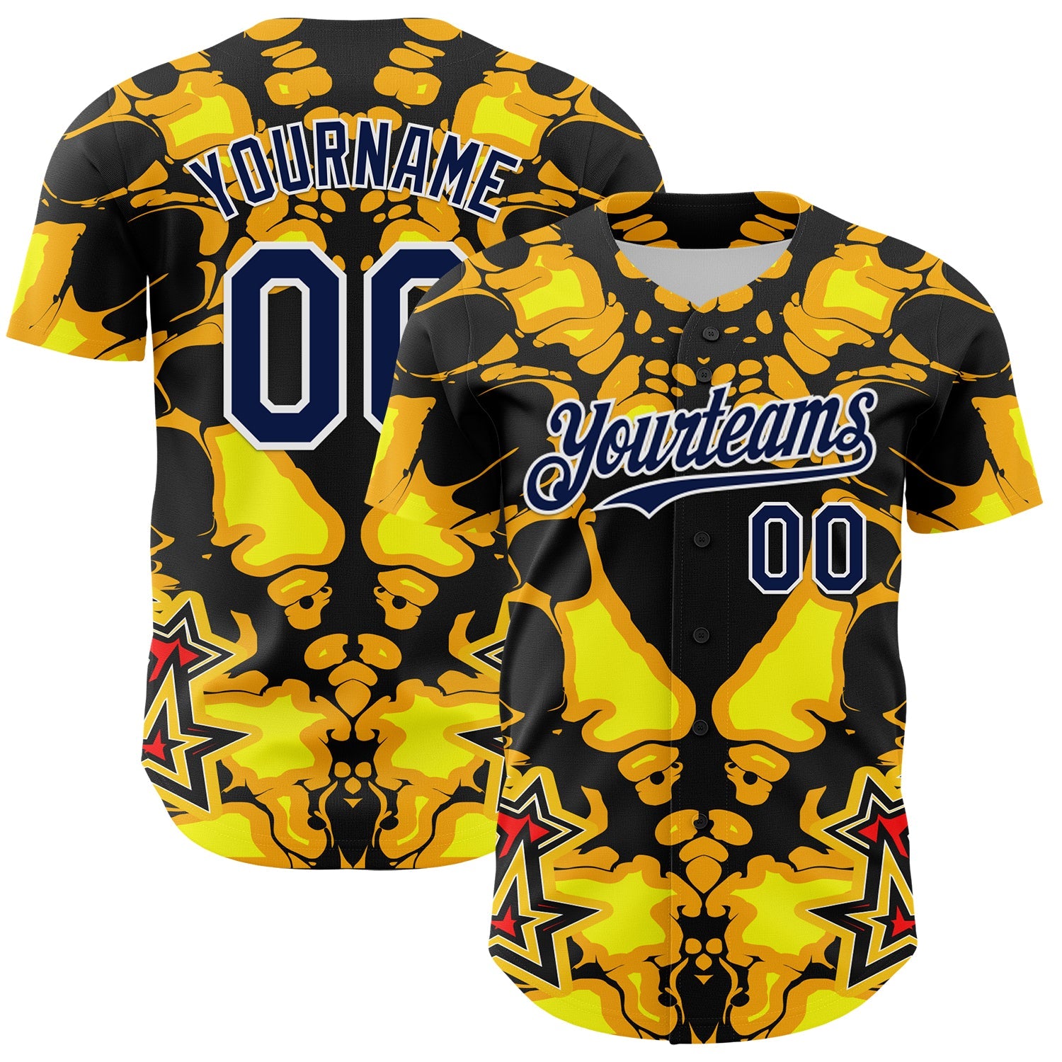 Custom Black Navy Yellow-White 3D Pattern Design Burner Costumes Flame Authentic Baseball Jersey - Main View