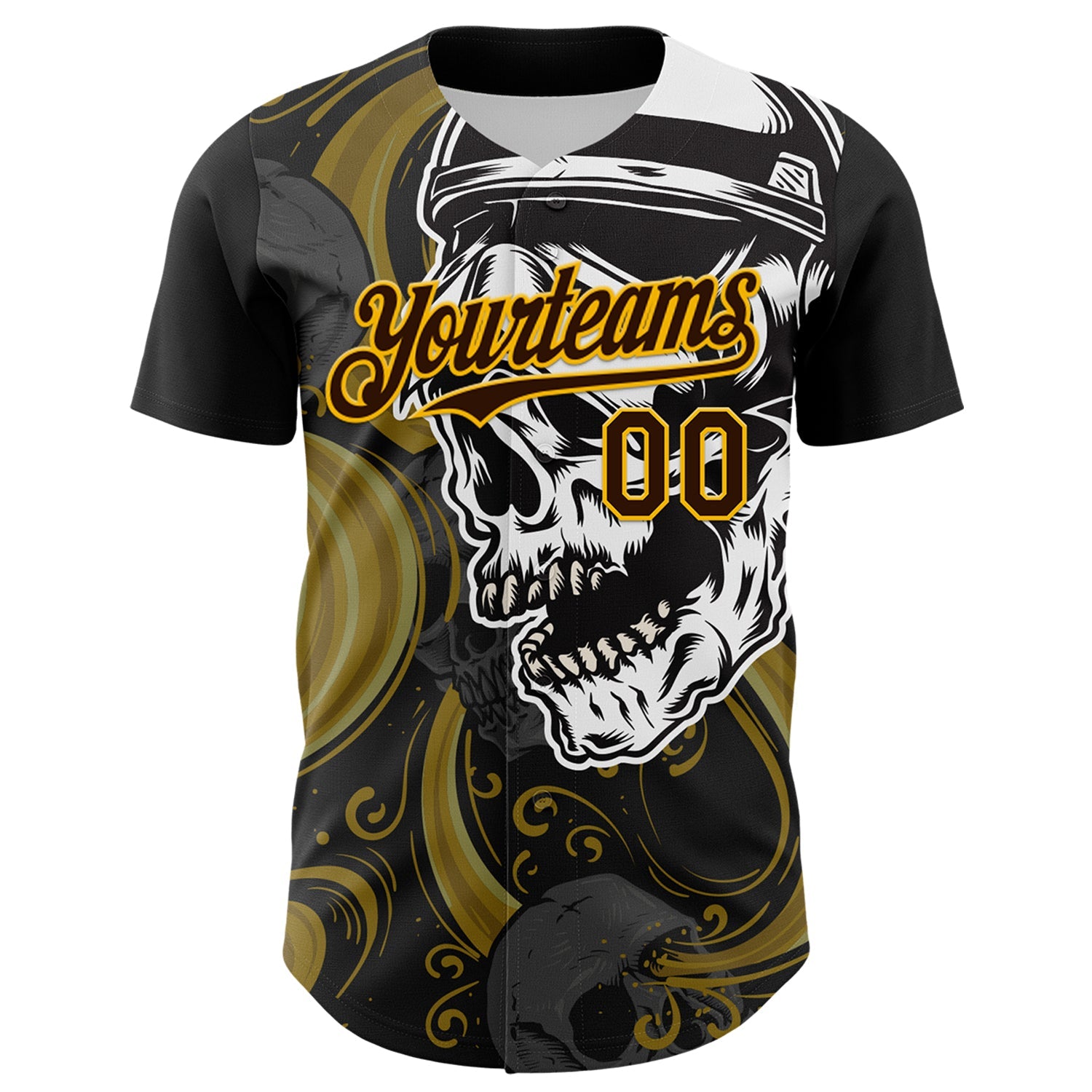 Custom Black Brown Yellow-White 3D Pattern Design Burner Costumes Skull Authentic Baseball Jersey view 2