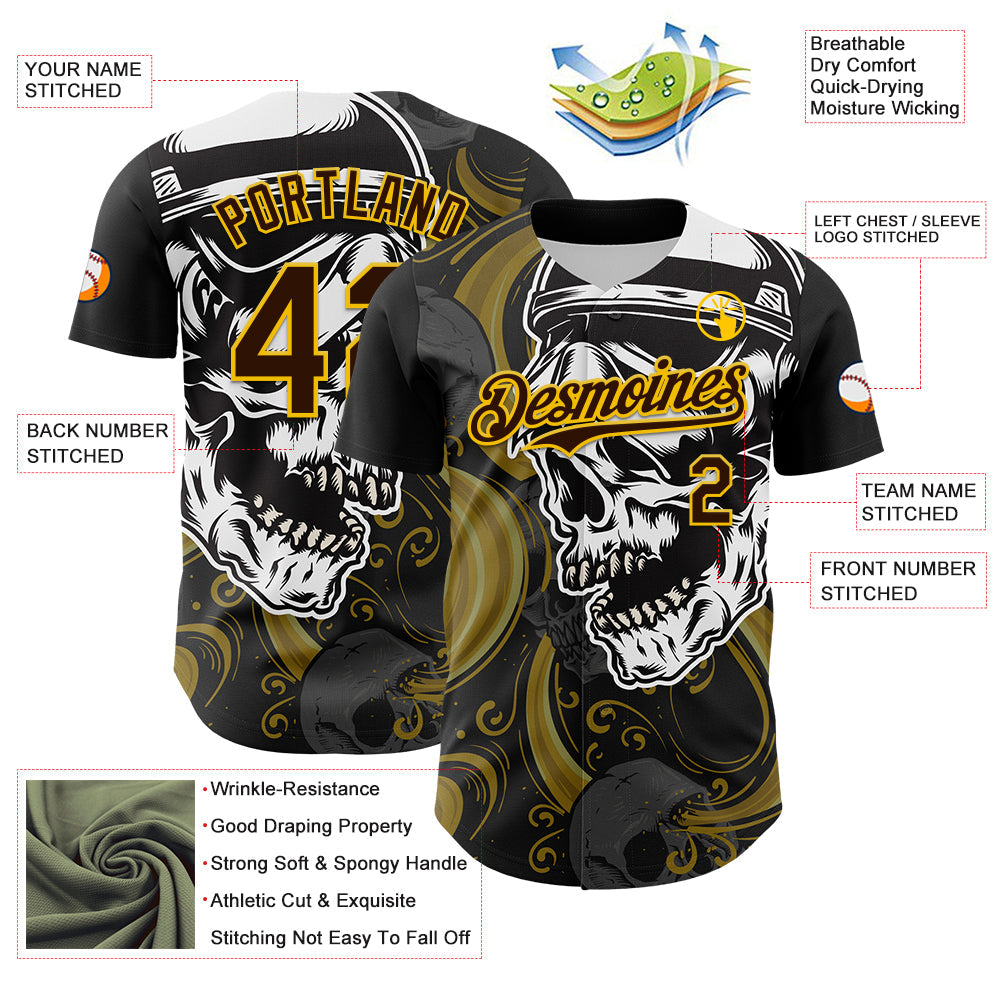 Custom Black Brown Yellow-White 3D Pattern Design Burner Costumes Skull Authentic Baseball Jersey view 3