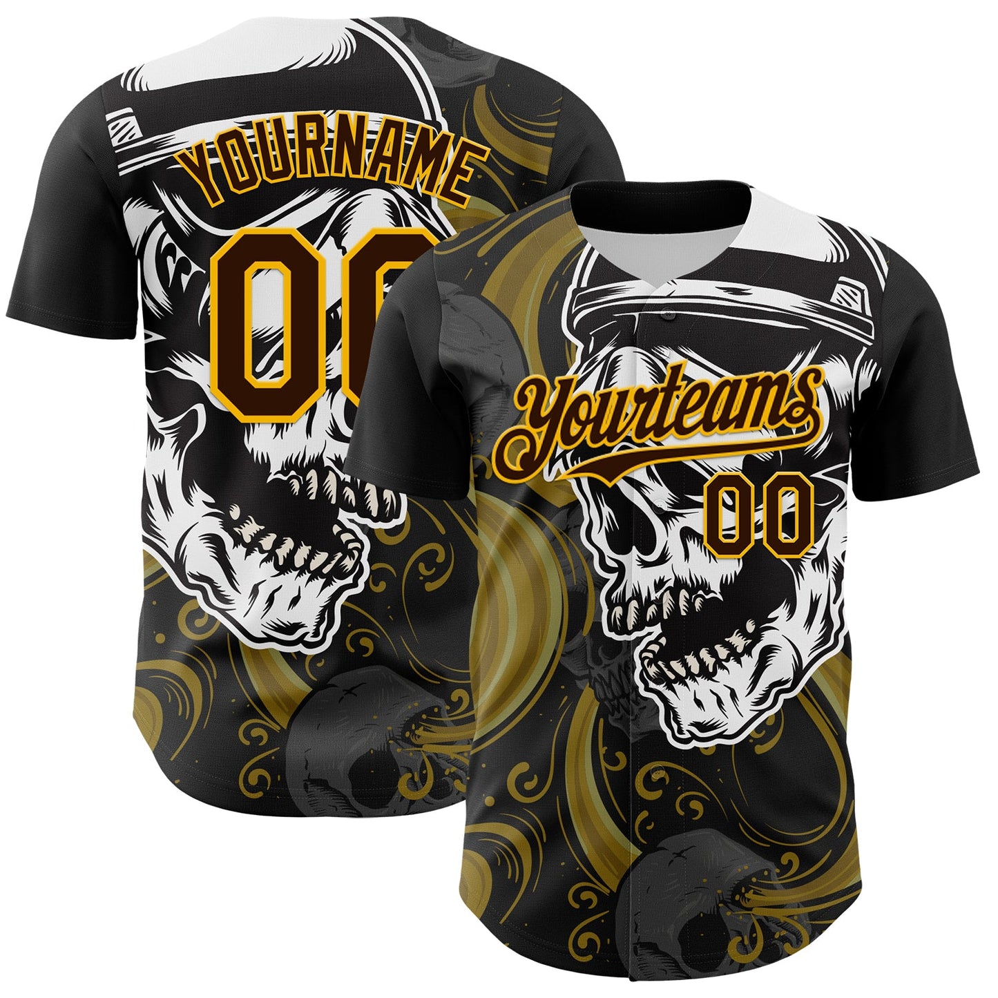 Custom Black Brown Yellow-White 3D Pattern Design Burner Costumes Skull Authentic Baseball Jersey - Main View