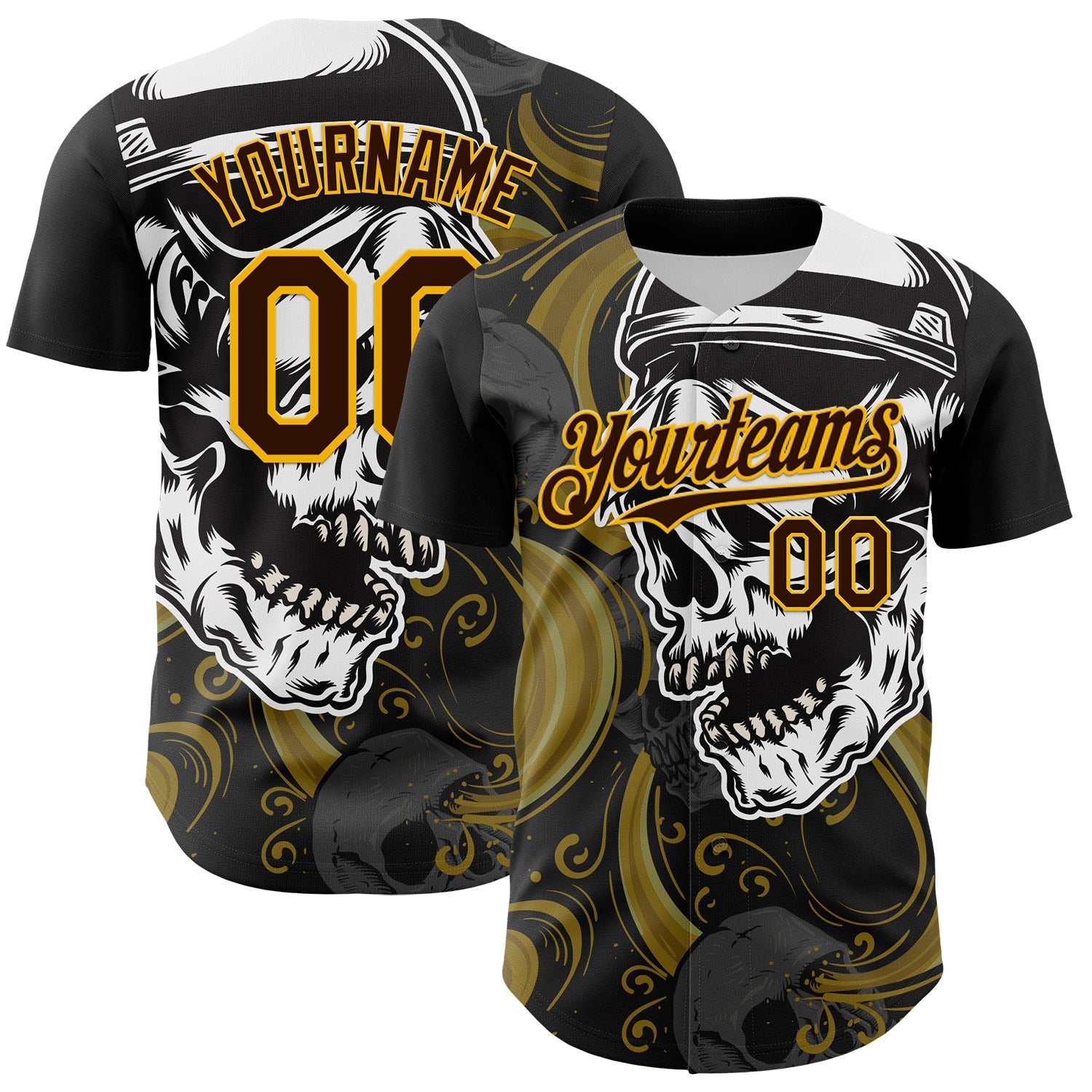Custom Black Brown Yellow-White 3D Pattern Design Burner Costumes Skull Authentic Baseball Jersey - Main View