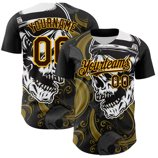 Custom Black Brown Yellow-White 3D Pattern Design Burner Costumes Skull Authentic Baseball Jersey - Main View
