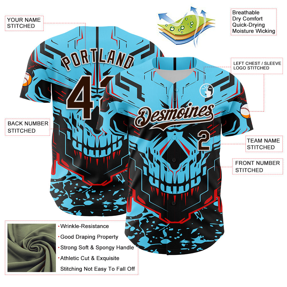 Custom Blue Brown-White 3D Pattern Design Burner Costumes Cyber Skull Authentic Baseball Jersey view 3