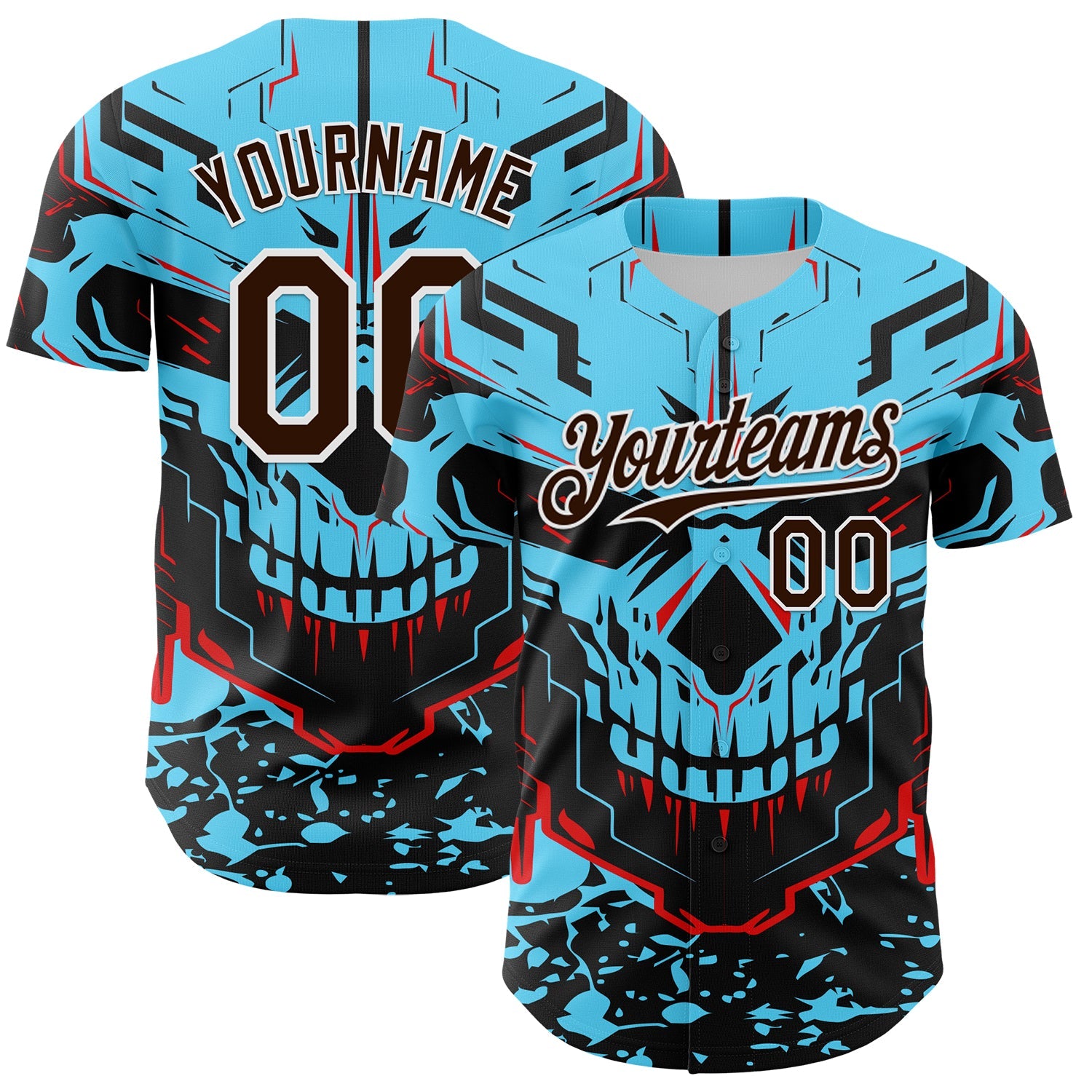 Custom Blue Brown-White 3D Pattern Design Burner Costumes Cyber Skull Authentic Baseball Jersey - Main View