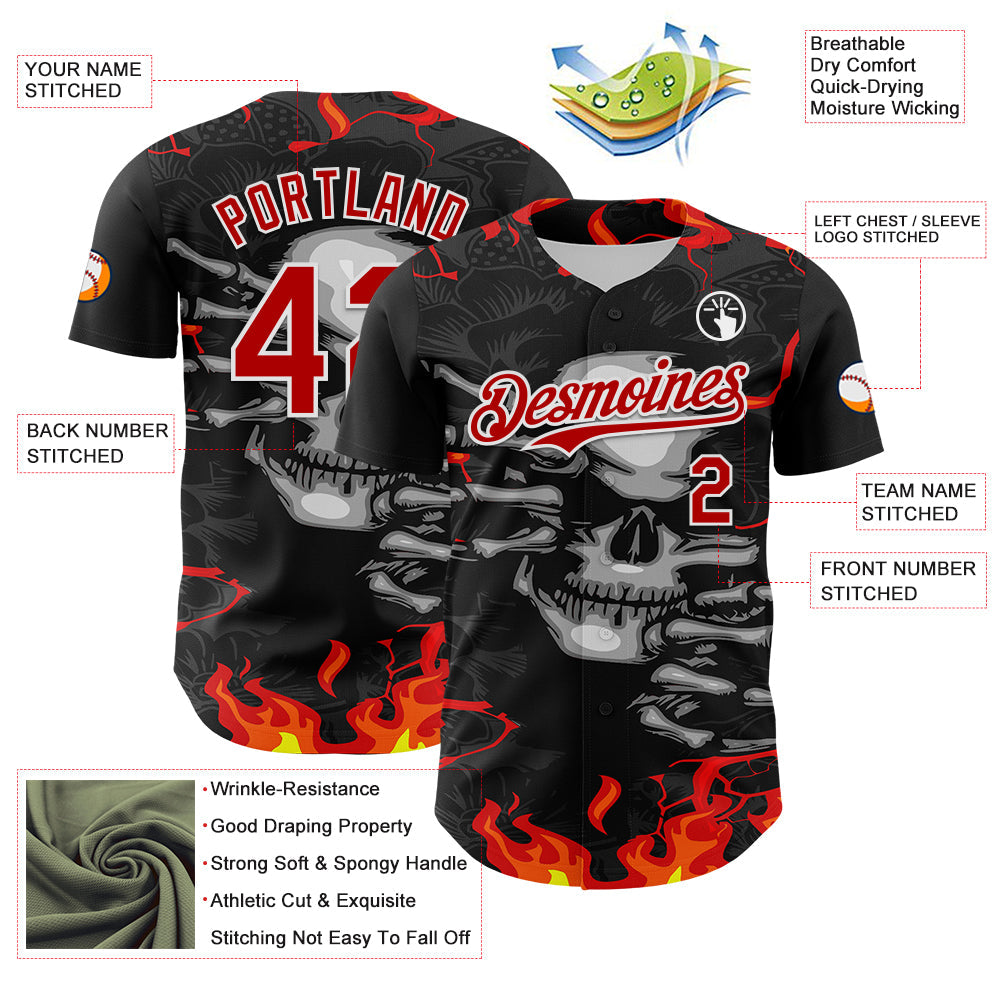 Custom Black Red-White 3D Pattern Design Burner Costumes Hellfire Skull Authentic Baseball Jersey view 3