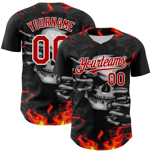 Custom Black Red-White 3D Pattern Design Burner Costumes Hellfire Skull Authentic Baseball Jersey - Main View