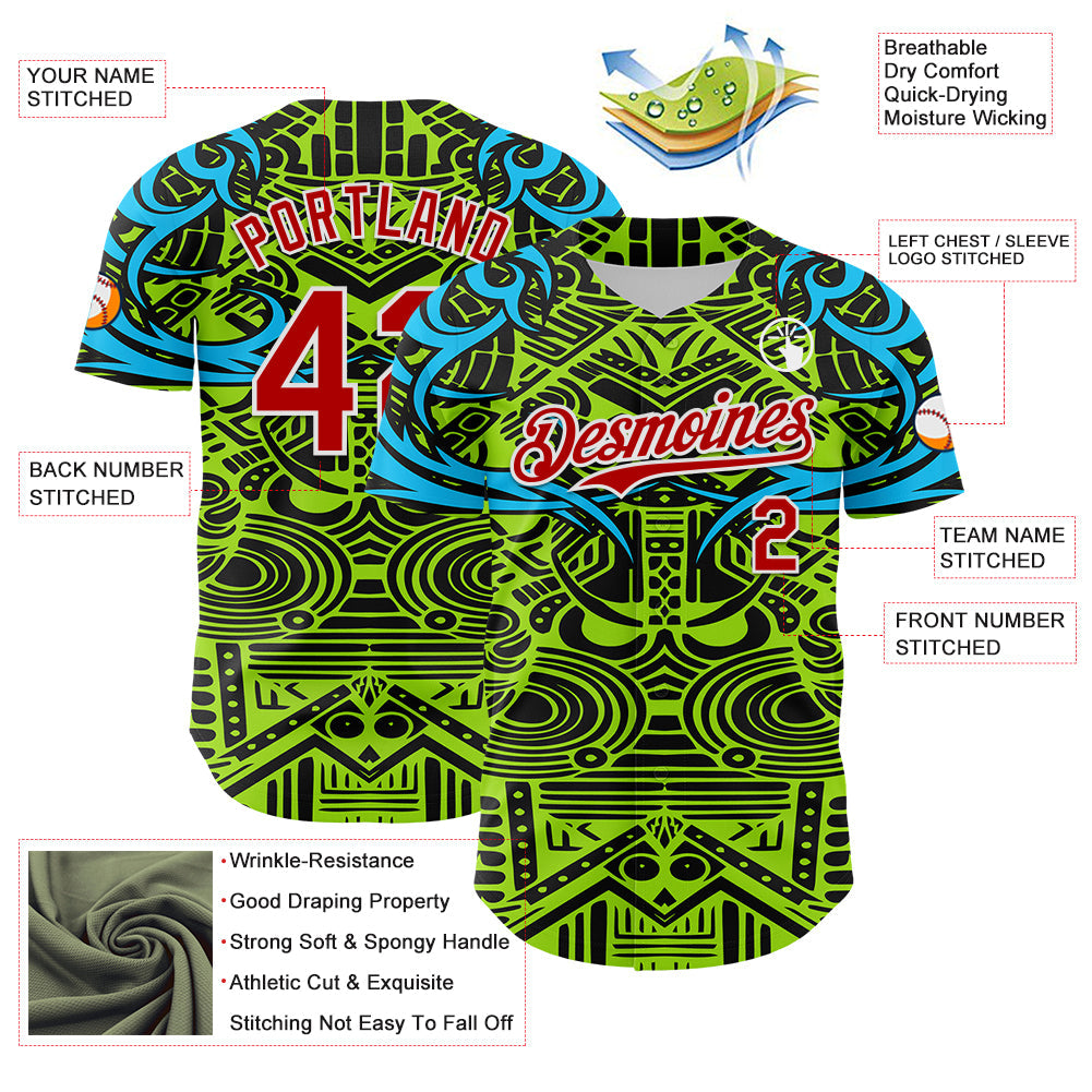 Custom Green Red Blue Black-White 3D Pattern Design Burner Costumes Tribal Authentic Baseball Jersey view 3