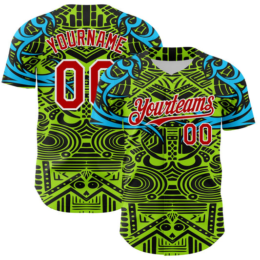 Custom Green Red Blue Black-White 3D Pattern Design Burner Costumes Tribal Authentic Baseball Jersey - Main View