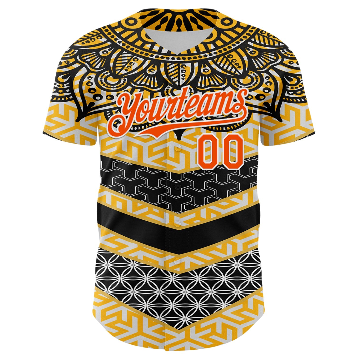 Custom Yellow Orange Black-White 3D Pattern Design Burner Costumes Tribal Authentic Baseball Jersey view 2