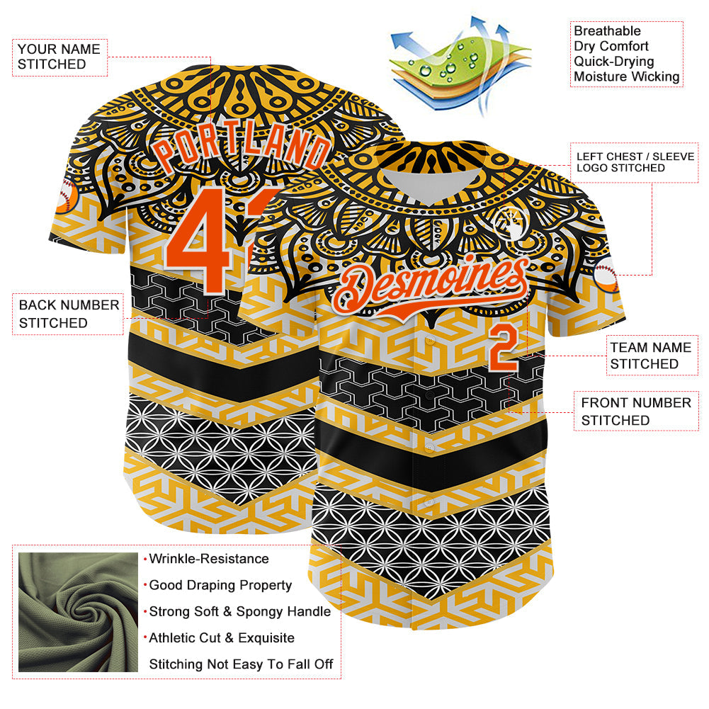 Custom Yellow Orange Black-White 3D Pattern Design Burner Costumes Tribal Authentic Baseball Jersey view 3