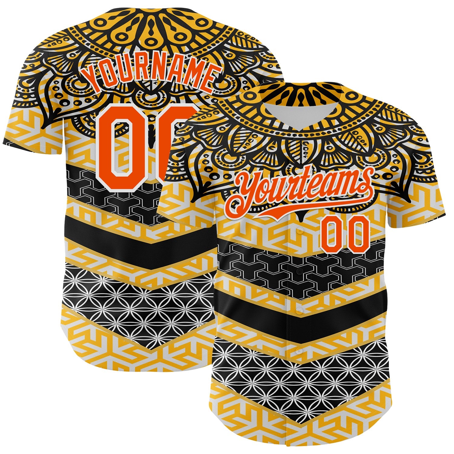 Custom Yellow Orange Black-White 3D Pattern Design Burner Costumes Tribal Authentic Baseball Jersey - Main View