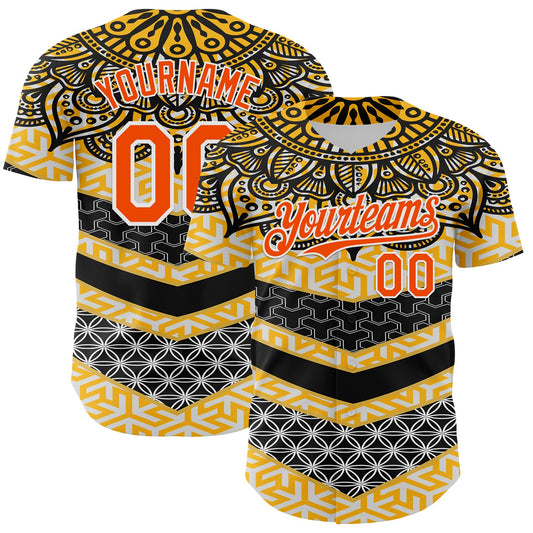 Custom Yellow Orange Black-White 3D Pattern Design Burner Costumes Tribal Authentic Baseball Jersey - Main View