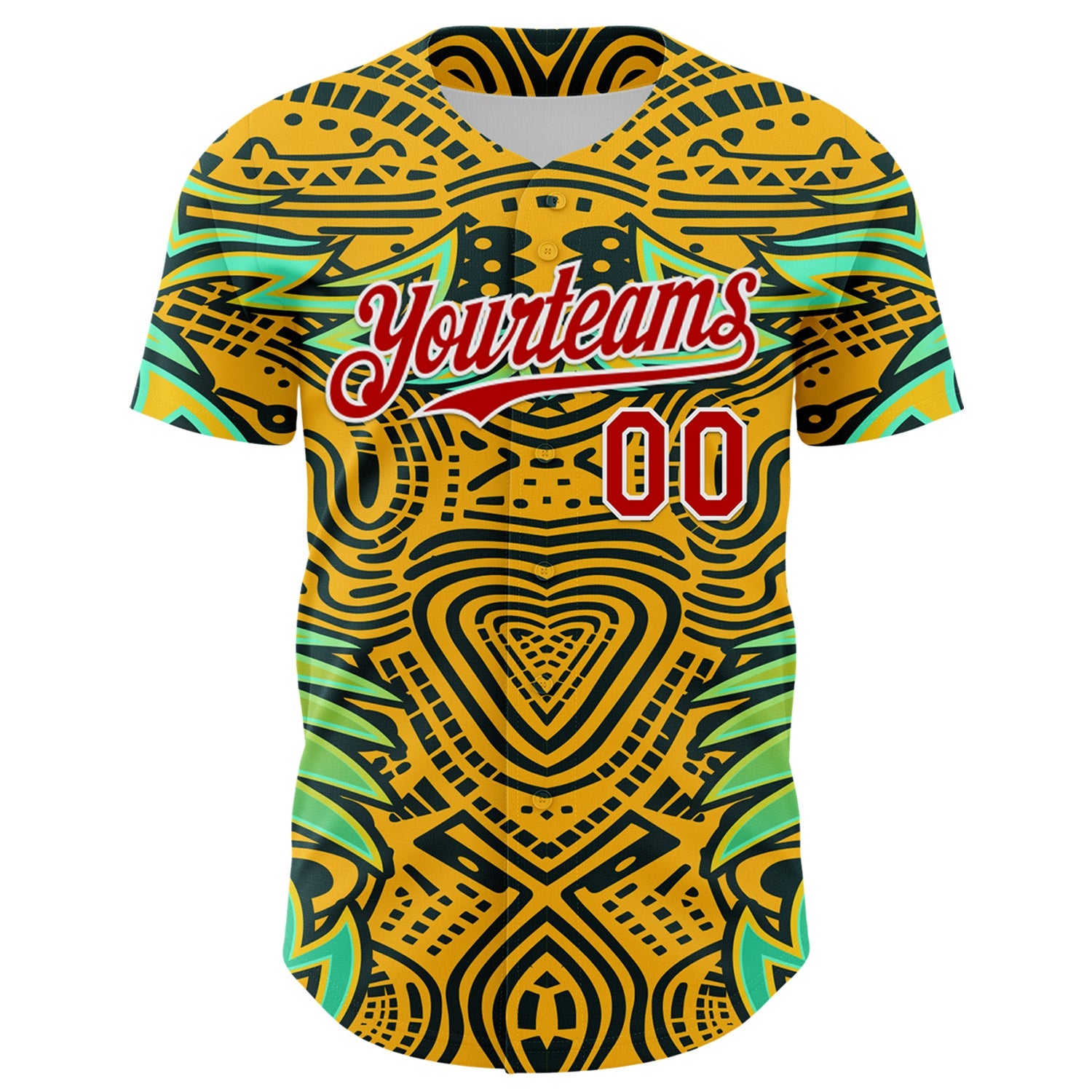 Custom Gold Red Black Green-White 3D Pattern Design Burner Costumes Tribal Authentic Baseball Jersey view 2