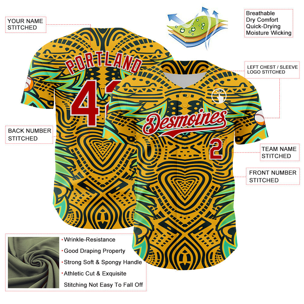 Custom Gold Red Black Green-White 3D Pattern Design Burner Costumes Tribal Authentic Baseball Jersey view 3