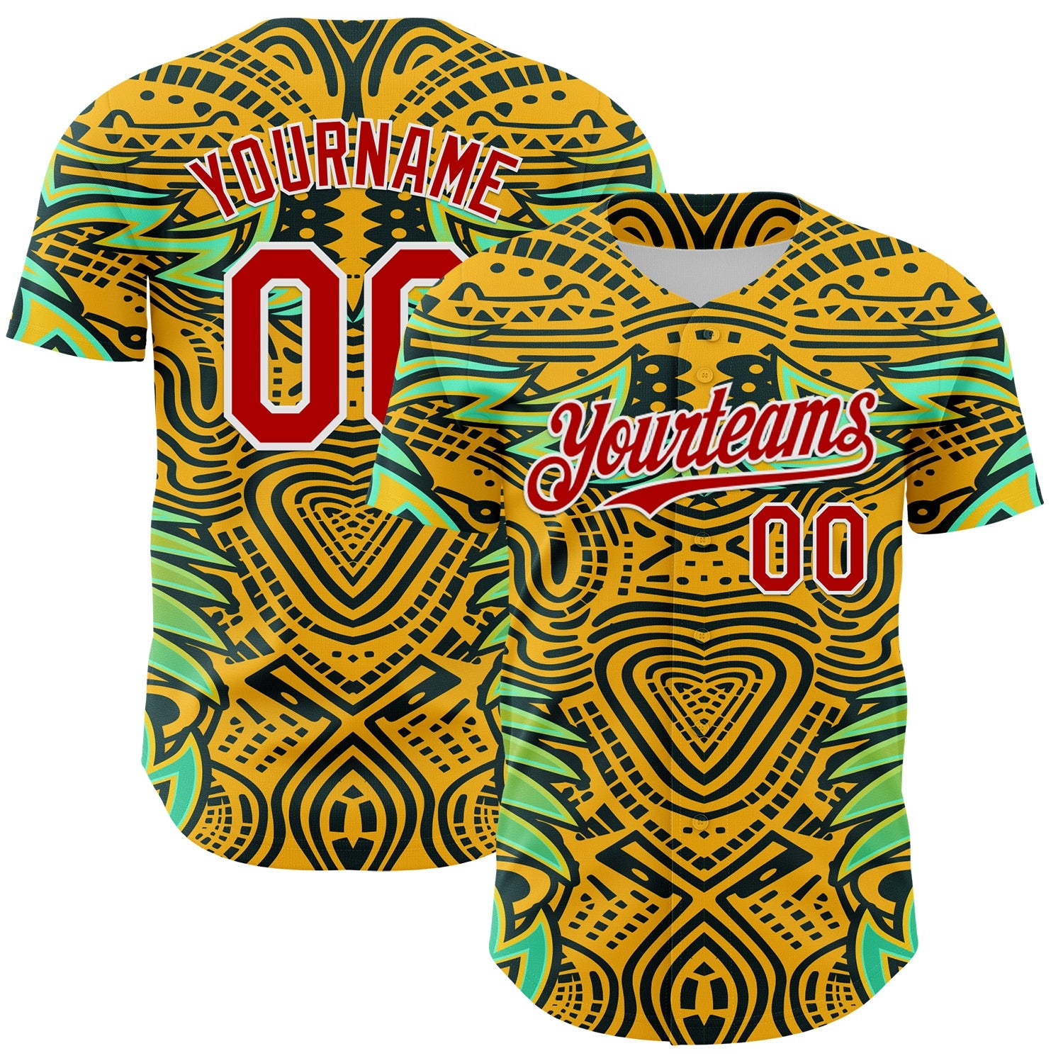 Custom Gold Red Black Green-White 3D Pattern Design Burner Costumes Tribal Authentic Baseball Jersey - Main View
