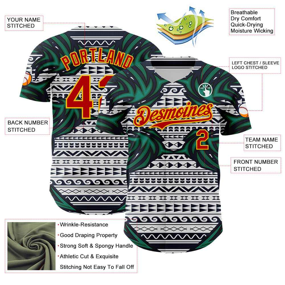 Custom White Red Blue Green-Yellow 3D Pattern Design Burner Costumes Tribal Authentic Baseball Jersey view 3