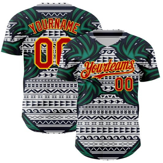 Custom White Red Blue Green-Yellow 3D Pattern Design Burner Costumes Tribal Authentic Baseball Jersey - Main View