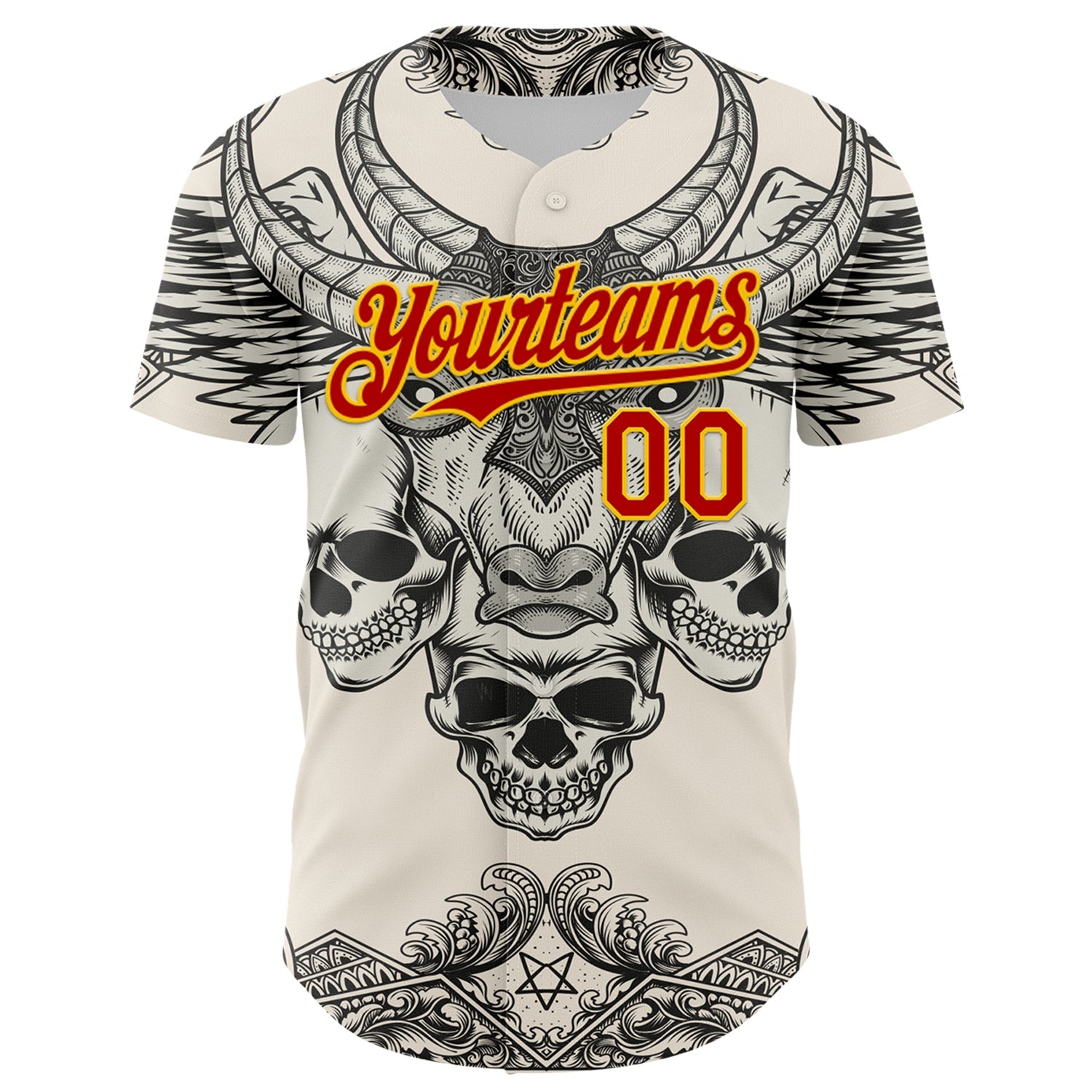 Custom Cream Red-Yellow 3D Pattern Design Burner Costumes Hell Skull Authentic Baseball Jersey view 2