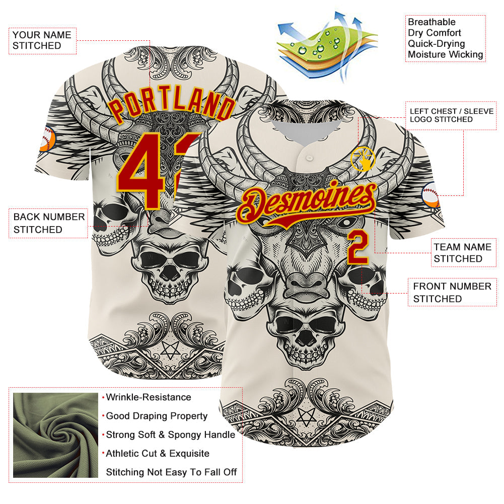 Custom Cream Red-Yellow 3D Pattern Design Burner Costumes Hell Skull Authentic Baseball Jersey view 3