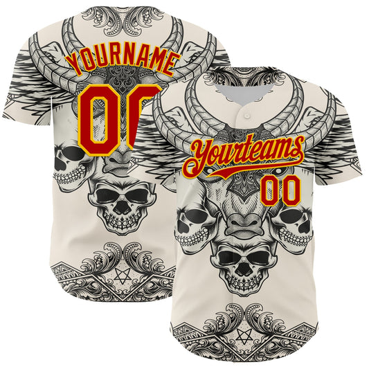 Custom Cream Red-Yellow 3D Pattern Design Burner Costumes Hell Skull Authentic Baseball Jersey - Main View