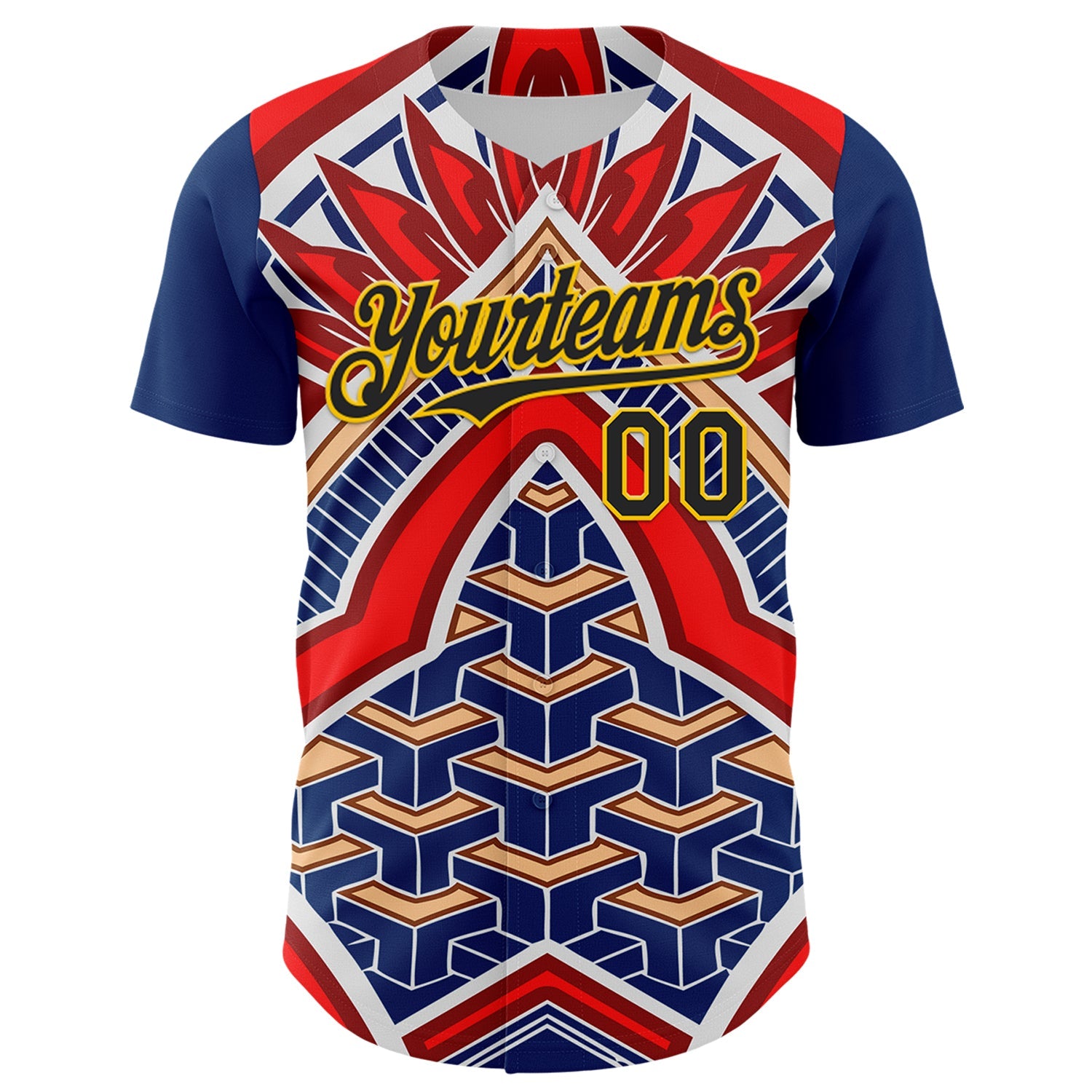 Custom Blue Black Red-Yellow 3D Pattern Design Burner Costumes Tribal Authentic Baseball Jersey view 2