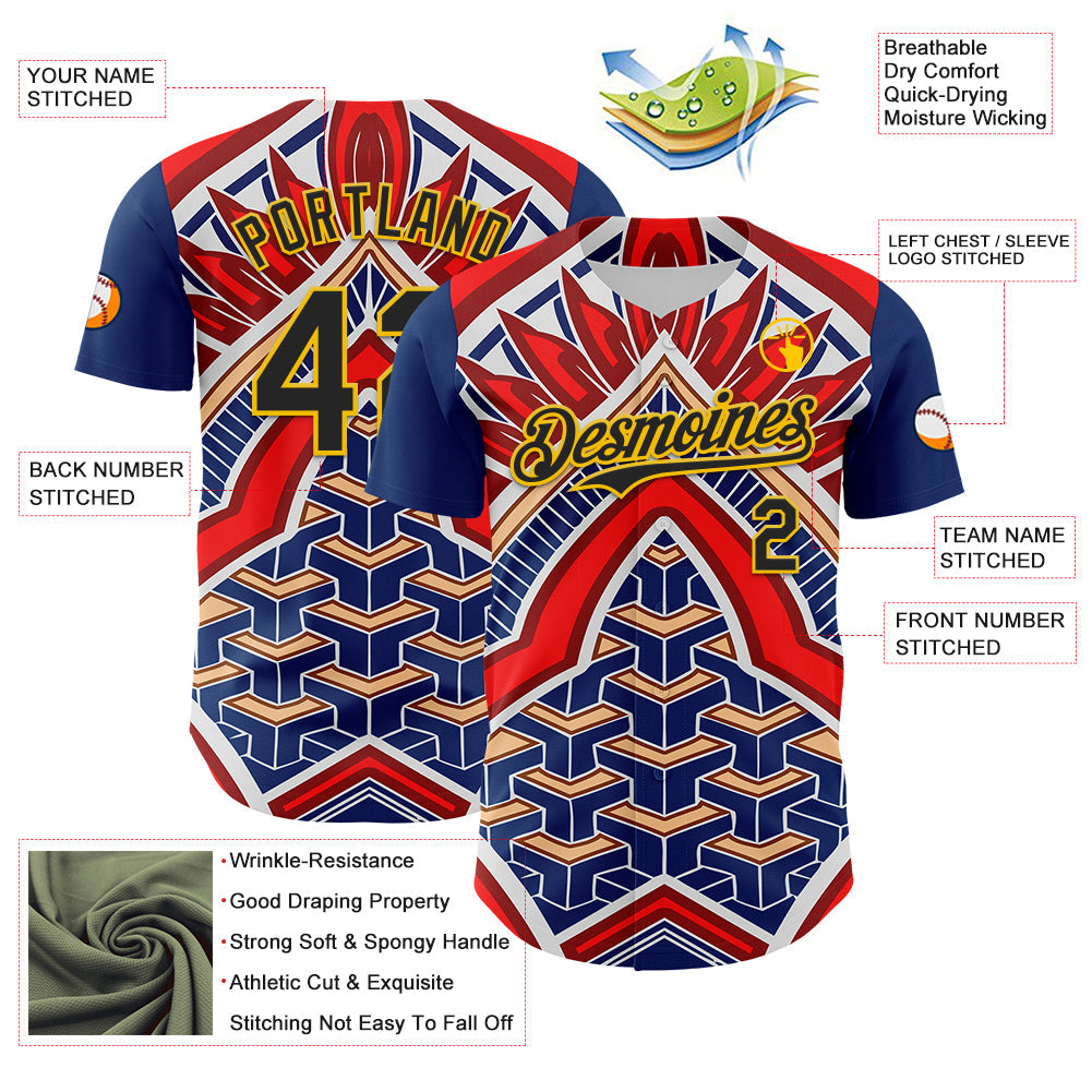 Custom Blue Black Red-Yellow 3D Pattern Design Burner Costumes Tribal Authentic Baseball Jersey view 3