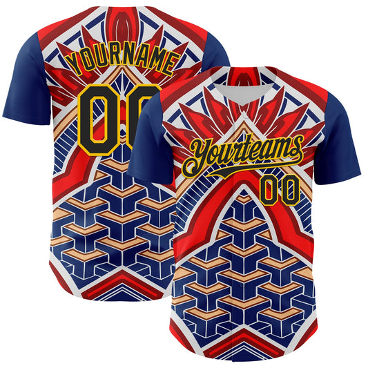 Custom Blue Black Red-Yellow 3D Pattern Design Burner Costumes Tribal Authentic Baseball Jersey - Main View