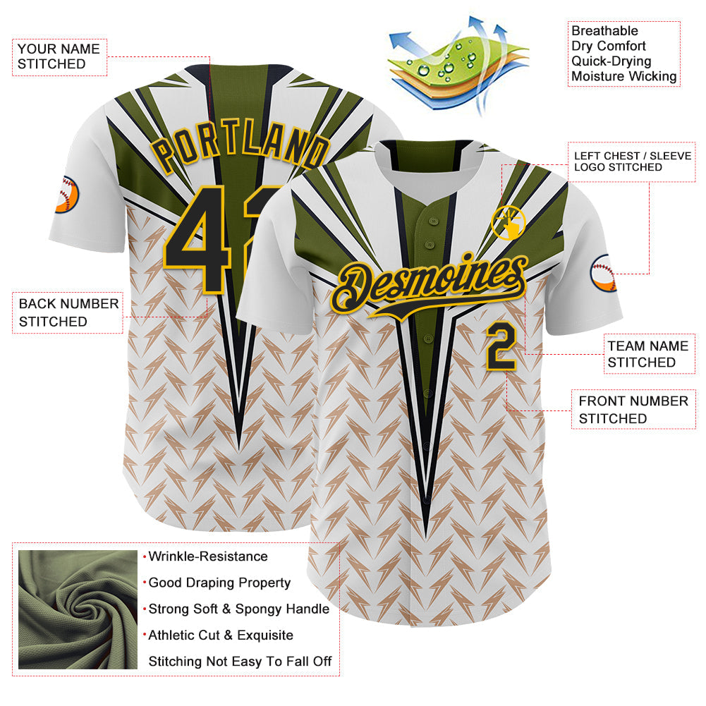 Custom White Black-Yellow 3D Pattern Design Burner Costumes Lightning Authentic Baseball Jersey view 3