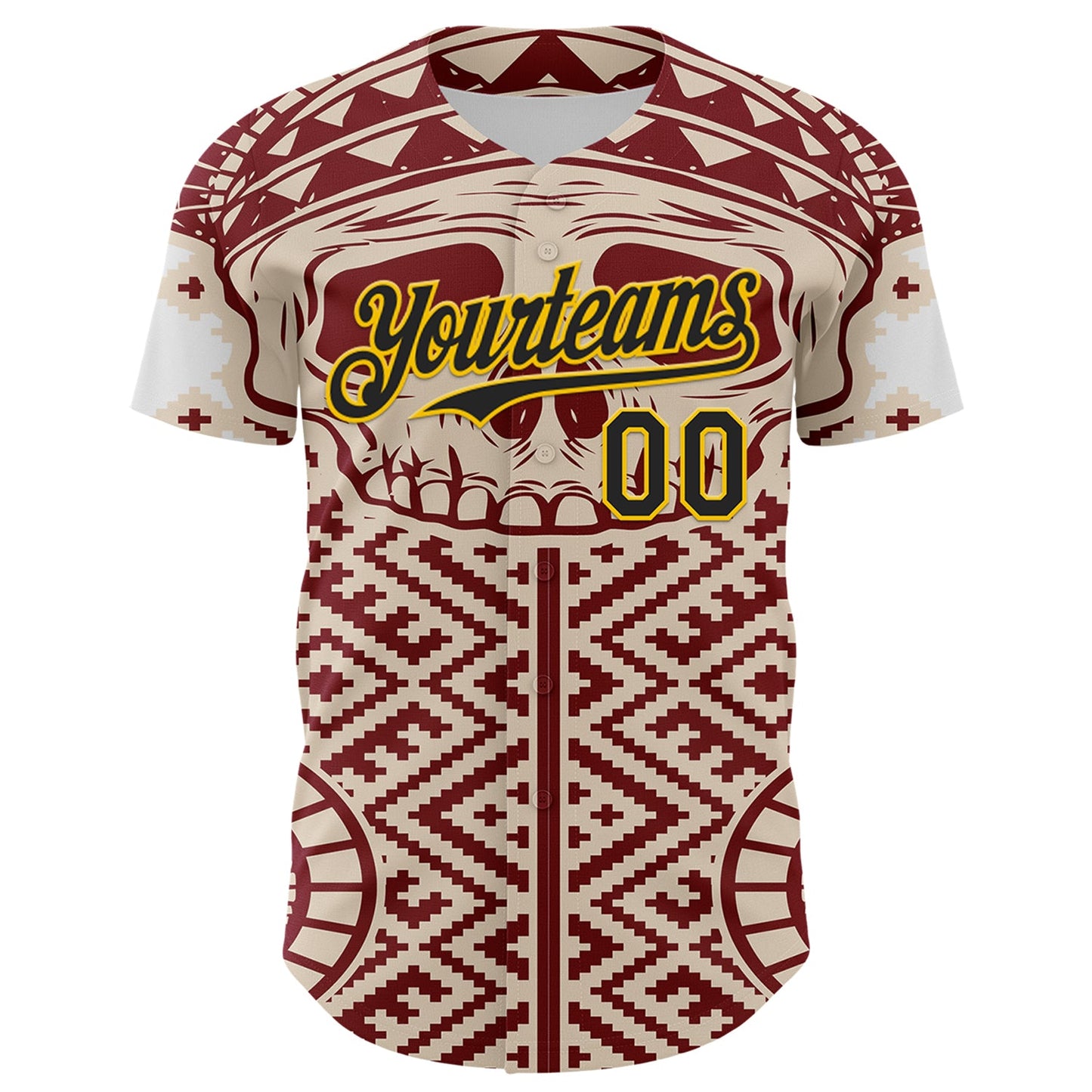 Custom Cream Black Red-Yellow 3D Pattern Design Burner Costumes Tribal Skull Authentic Baseball Jersey view 2