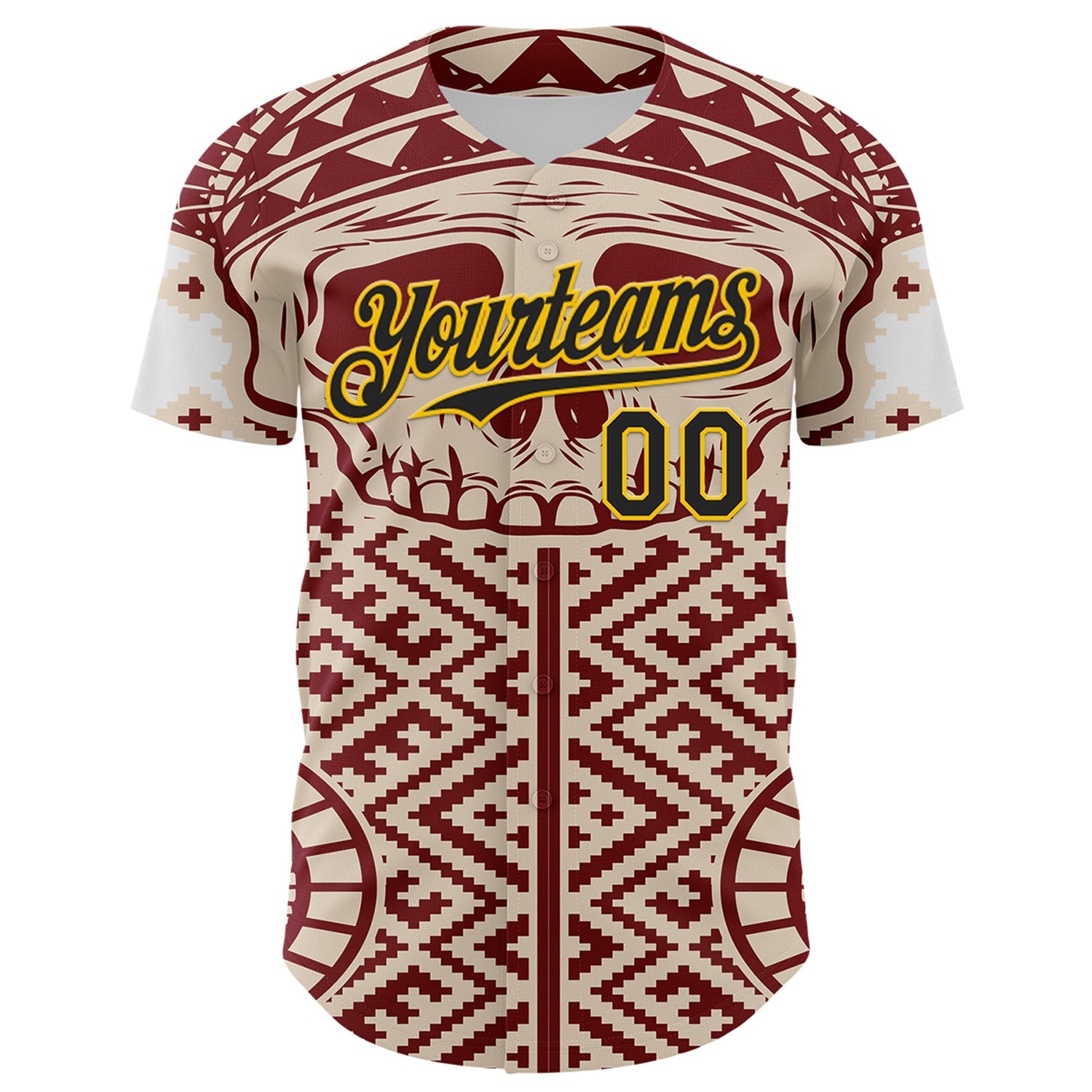 Custom Cream Black Red-Yellow 3D Pattern Design Burner Costumes Tribal Skull Authentic Baseball Jersey view 2