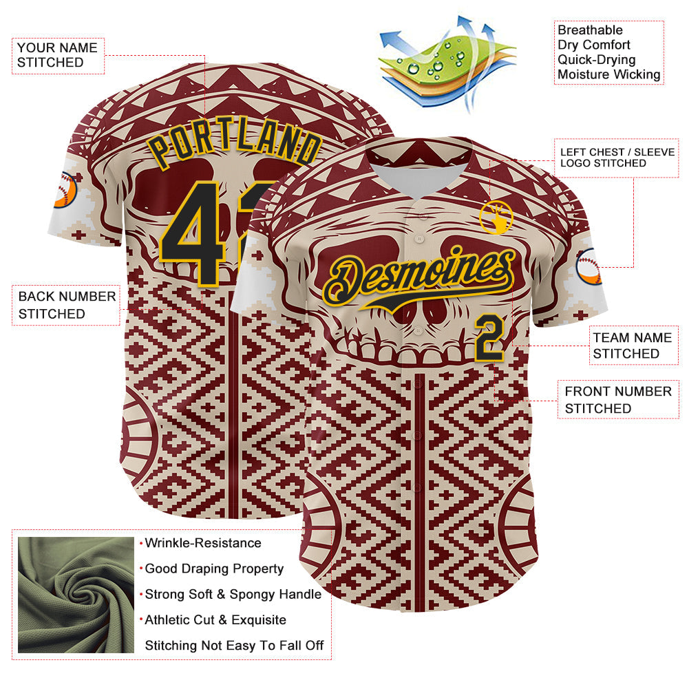 Custom Cream Black Red-Yellow 3D Pattern Design Burner Costumes Tribal Skull Authentic Baseball Jersey view 3